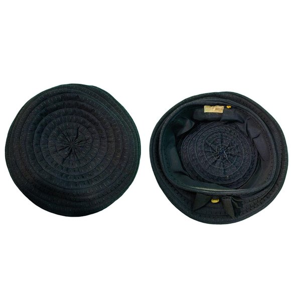 Vintage 1940s Navy Hat Blue Bow Button Round Beret - Picture 8 of 9